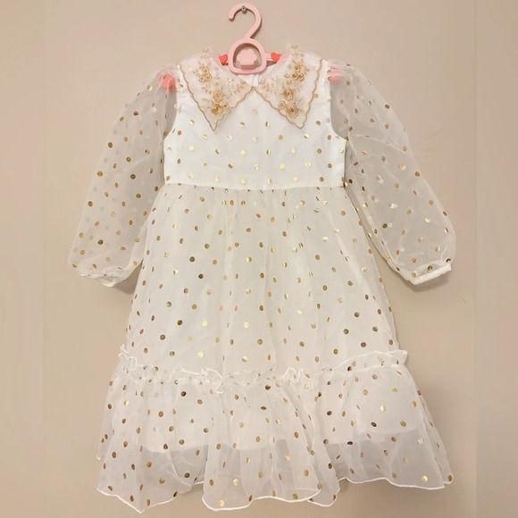 Gold Polka Dot  Embroidered Collar Dress - Picture 1 of 4